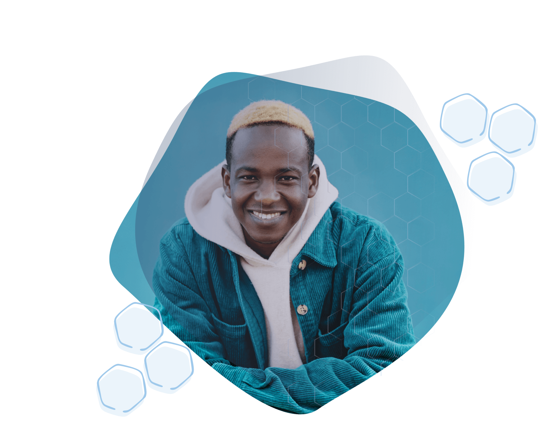 Colorful-hair_light-blue-design-flipped Black teenage student with bleached hair smiling outside of school.