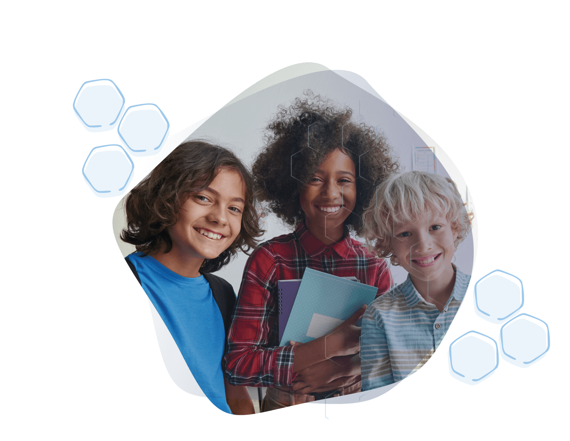 Three-kids_light-blue-design-4 Three young students smiling outside the classroom.